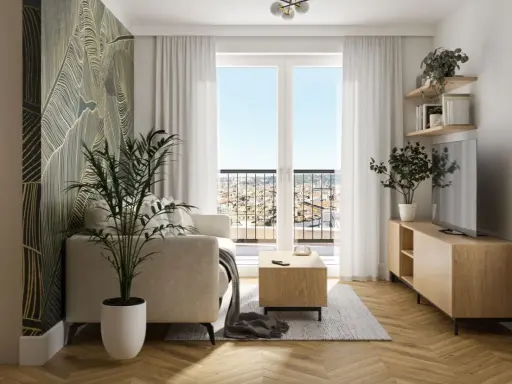 Nowoczesny salon w bloku z tapetą w złote linie i widokiem na miasto. Inspiracje dla małych przestrzeni.