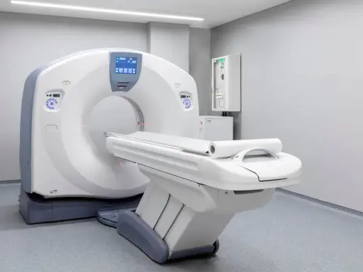 Nowoczesny tomograf komputerowy w gabinecie medycznym. Pamiętaj, ile godzin przed tomografią nie jeść, by badanie było dokładne.