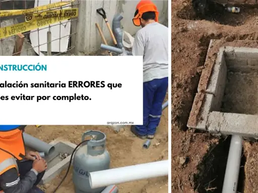 Construcción: errores comunes en la instalación sanitaria. Obreros trabajan en tuberías y una fosa de ladrillos.