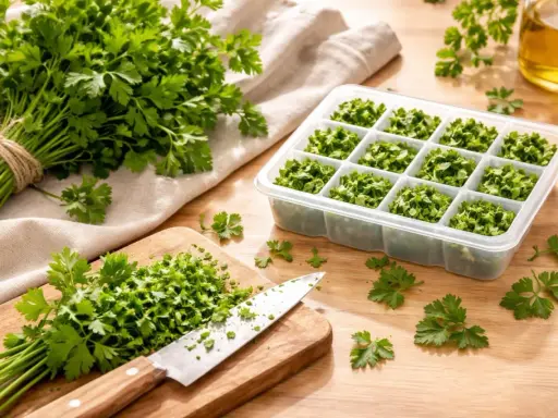 Frische Petersilie wird gehackt und in einem Eiswürfelbehälter portioniert, um sie später einzufrieren. So bleibt das Aroma lange erhalten.