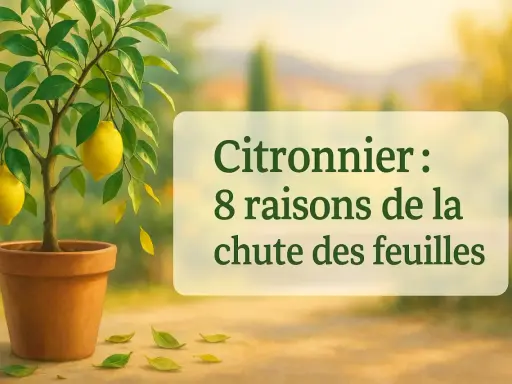 Un citronnier en pot perd ses feuilles. Le texte indique "Citronnier : 8 raisons de la chute des feuilles".