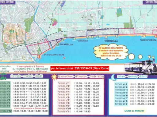 Mappa di Rimini con il percorso del trenino turistico, che collega il centro storico alle zone balneari come Viserba e Torre Pedrera. Orari del trenino Igea Marina.