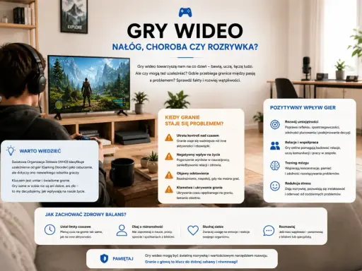 Chłopak gra w gry wideo, które mogą być rozrywką lub nałogiem. Kluczem jest umiar i świadome granie, by czerpać z nich korzyści.