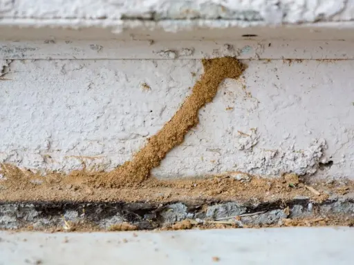 Un tunnel de terre, signe d'un trou de termite dans le bois, serpente sur un mur blanc.