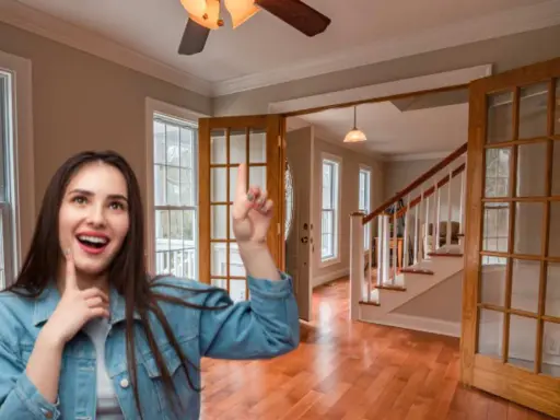 Ragazza entusiasta indica le porte interne con vetro, perfette per rinnovare casa con stile e luminosità.