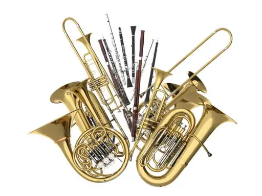 Un ensemble d'instruments à vent en laiton et en bois, incluant un tuba, un cor français, un trombone et des clarinettes.