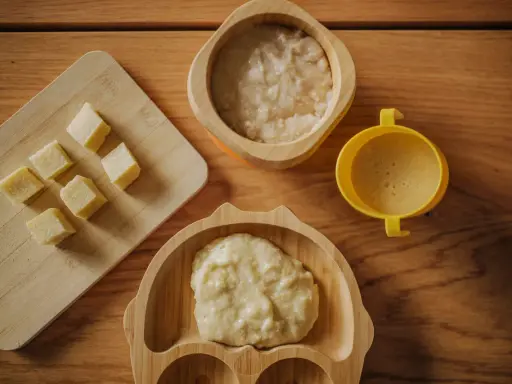 Pierwsza kaszka dla niemowlaka karmionego piersią. Na drewnianym blacie leżą kostki banana, miseczka z kaszką i żółty kubeczek.