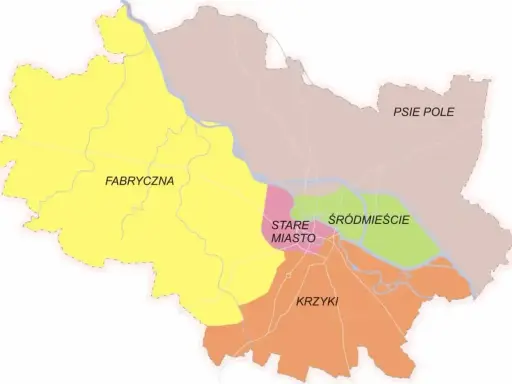 Mapa Wrocławia z podziałem na dzielnice: Fabryczna, Stare Miasto, Śródmieście, Krzyki i Psie Pole. Wrocław jakie województwo? Dolnośląskie.