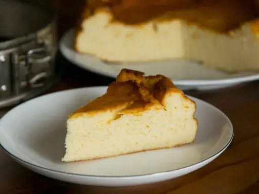 Puszysty sernik z mlekiem skondensowanym, z rumianą skórką, na talerzyku. Obok forma do pieczenia.