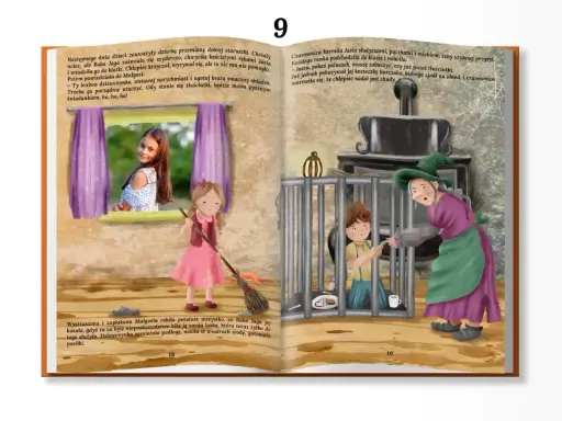 Ilustracja przedstawia czarownicę w zielonym kapeluszu i fioletowej sukni, która karmi chłopca w klatce.