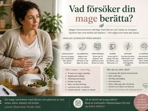 Kvinnan håller handen på magen. Bilden listar vanliga magbesvär och ger råd, inklusive mat att undvika vid diarré.