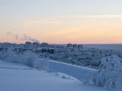 Vinterlandskap i lapponia svedese med snötäckta träd och byggnader i fjärran under en rosa solnedgång.