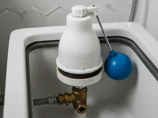 Mécanisme de chasse d'eau avec flotteur bleu. Prêt à changer la chasse d'eau pour un modèle plus moderne.