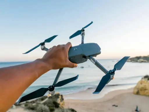 Hand hält Drohne über Strand. Bereit für Aufnahmen in Deutschland, vielleicht für eine Notam-Meldung.