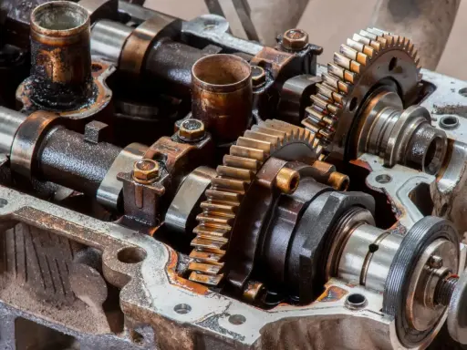 Mechanizm rozrządu silnika 1.8 kompressor, z widocznymi wałkami i kołami zębatymi. Zastanawiasz się, ile wytrzymuje rozrząd 1.8 kompressor?