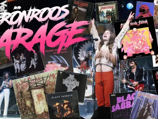 Collage med albumomslag och bilder av medlemmar av Black Sabbath. Ozzy Osbourne i centrum, omgiven av skivomslag som "Paranoid" och "Heaven and Hell".