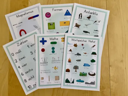 Lernkarten für den Deutschunterricht: Magnetismus, Formen, Zahlen, Mathe, Antarktis und Natur.