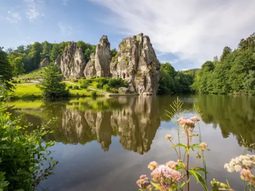 Ein idyllischer See spiegelt die imposanten Externsteine wider. Perfekt für eine entspannte Wanderung in dieser malerischen Landschaft.