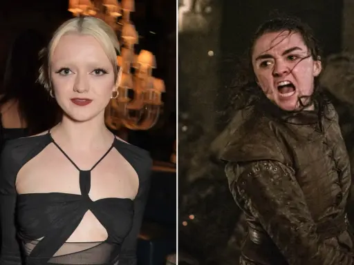 Maisie Williams, som spelade Arya Stark, i en svart klänning och i rollen som Arya Stark i strid.