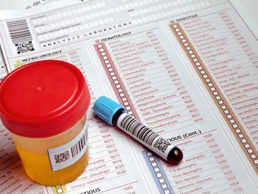Pojemnik z próbką moczu i probówka leżą na formularzu analiz laboratoryjnych. Może to być związane z badaniem czerwonego moczu u dziecka.