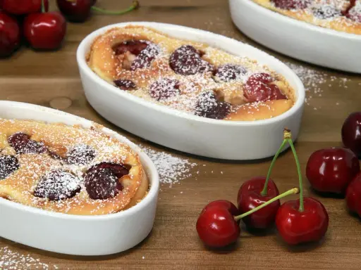 Deux clafoutis aux cerises, une spécialité auvergnate sucrée, saupoudrés de sucre glace, avec des cerises fraîches sur le côté.