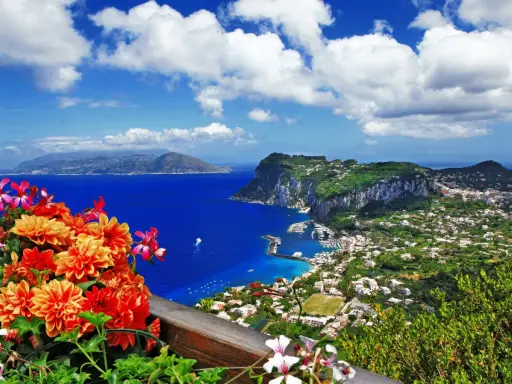 Splendida capri vista da napoli, con fiori colorati in primo piano e il mare blu intenso.
