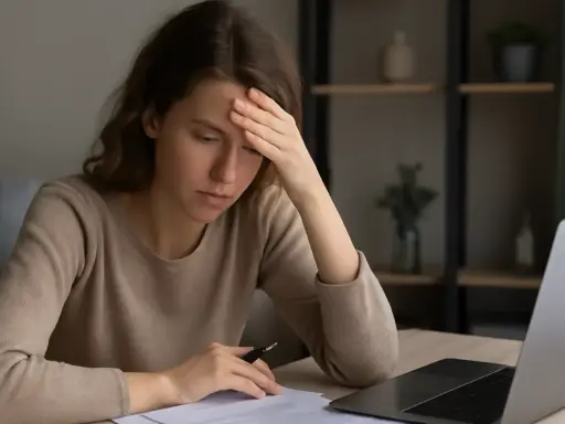 Zmartwiona kobieta z ręką na czole rozważa odrzucenie spadku, siedząc przy biurku z laptopem i dokumentami.