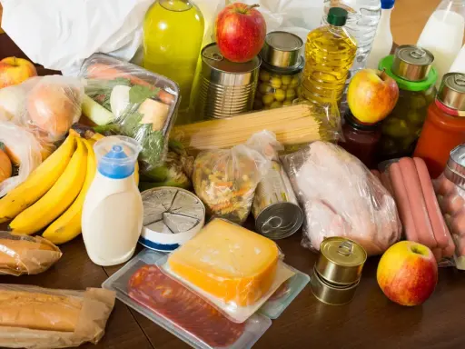 Variedad de alimentos, incluyendo frutas, verduras, pasta, latas y embutidos, que representan alimentos procesados y frescos.