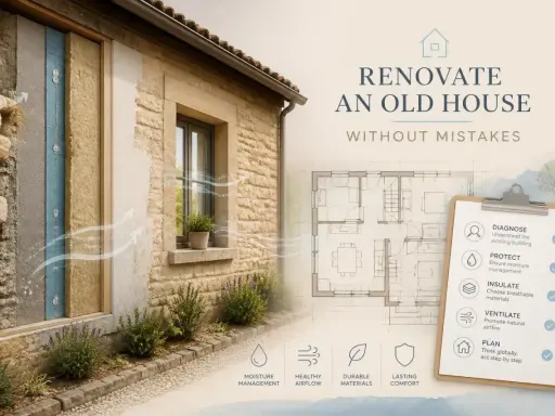 Strat d'isolation visible sur un mur de pierre, illustrant comment restaurer une maison ancienne pour une meilleure efficacité.