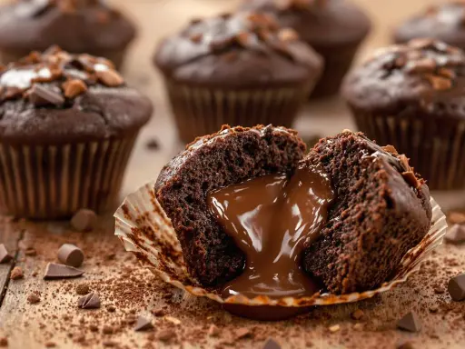 Un muffin au chocolat fondant, parfait pour une recette gourmande. Le cœur coulant de chocolat invite à la dégustation.