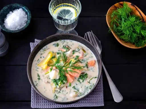 Krämig fisksoppa med lax och dill, en av många lyxiga fiskrecept. Serveras med citronvatten och havssalt.