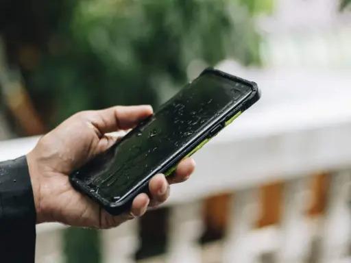 Dłoń trzyma mokry smartfon ip67 na tle zieleni. Krople deszczu spływają po ekranie.