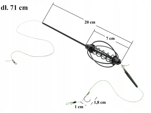 Akcesoria do metody feder: koszyczek zanętowy 7 cm, żyłka 71 cm, haczyk 1,8 cm.