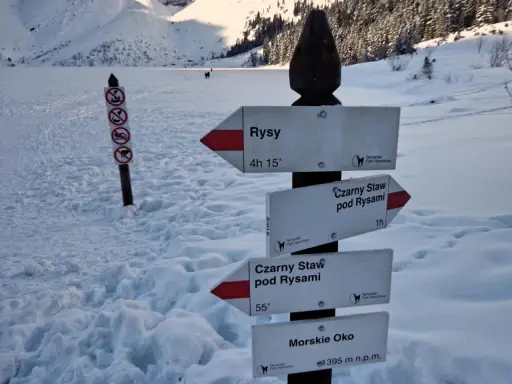 Z Morskiego Oka na Rysy, przez Czarny Staw. Znaki wskazują drogę w zimowych Tatrach.