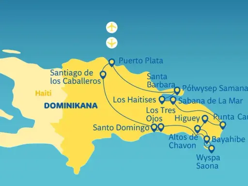 Mapa turystyczna Dominikany z zaznaczonymi trasami i lotniskami. Widoczne miasta: Puerto Plata, Santiago, Santo Domingo, Punta Cana.