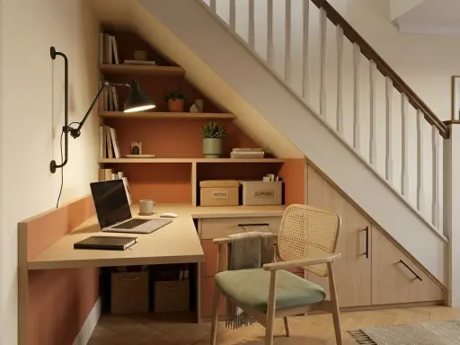 Aménagement bureau petit espace sous escalier. Bureau fonctionnel avec rangements intégrés, étagères et chaise confortable.