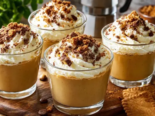Quatre verres de café liégeois, garnis de crème fouettée et de miettes de chocolat et de biscuits.