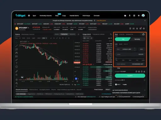 Zlecenie OCO na platformie Bitget. Wykres BTC/USDT, księga zleceń i okno kupna/sprzedaży.
