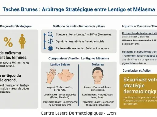 Comparaison visuelle entre lentigo solaire et mélasma, avec des illustrations et des conseils de traitement.