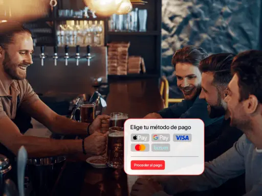 Un camarero sonriente ofrece servicio en barra a un grupo de amigos. Se muestra una interfaz para elegir método de pago.