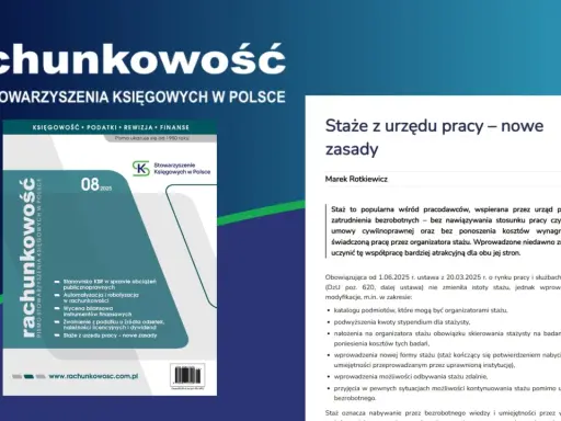 Okładka pisma "Rachunkowość" z numerem 08/2025 i artykułem o stażach z urzędu pracy.
