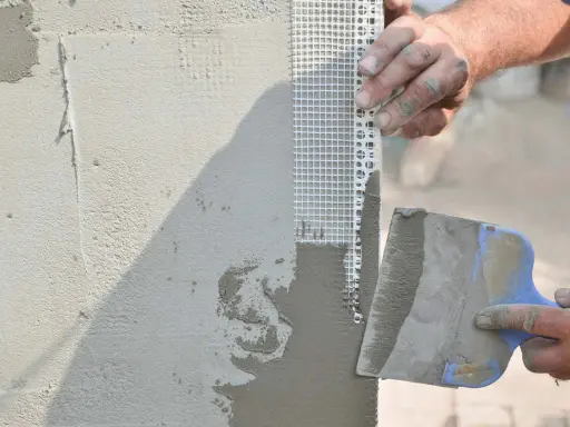 Tynkowanie narożnika z siatką zbrojącą, która chroni ścianę przed deszczem i pęknięciami.
