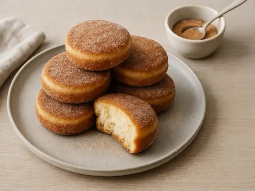 En hög med socker- och kaneldränkta krabbelurer, ett perfekt recept för fikat. En är uppäten, vilket visar det fluffiga inkråmet.