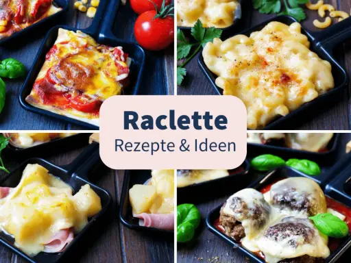 Vier kleine Pfännchen mit geschmolzenem Käse, Pizza, Fleischbällchen und Schinken-Ananas-Kombinationen. Tolle Raclette Ideen für jeden Geschmack!