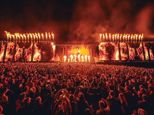 Un'immensa folla partecipa a un festival tekno, illuminata da fiammate spettacolari e schermi con immagini di fuoco.