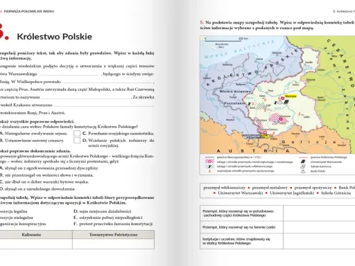 Podręcznik do historii klasa 7: mapa Królestwa Polskiego z zaznaczonymi ośrodkami przemysłu i uczelniami.