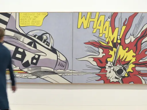A 1950s pop art diptych depicts a jet firing rockets, with "WHAAM!" exploding in vibrant colors.