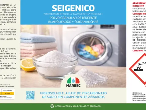 Polvo blanco hidrosoluble, qué es el percarbonato, en un tazón junto a un limón y una lavadora. Es un blanqueador y quitamanchas.