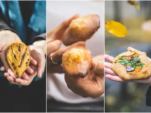 Trois gourmandises : un pain aux pépites de chocolat, des madeleines glacées et une galette salée aux champignons. Des produits typiquement parisiens à savourer.