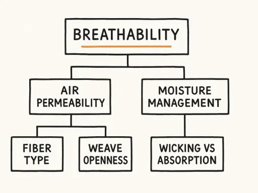 Flowchart explaining breathability in fabrics, detailing air permeability (fiber type, weave openness) and moisture management (wicking vs. absorption).